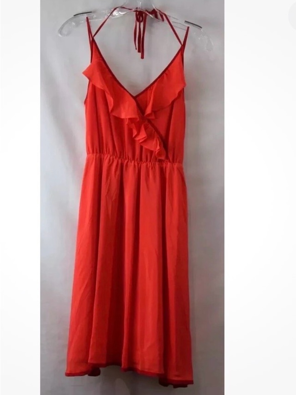 Red Ruffle V-Neck Midi Dress with Tie Straps Pure Silk